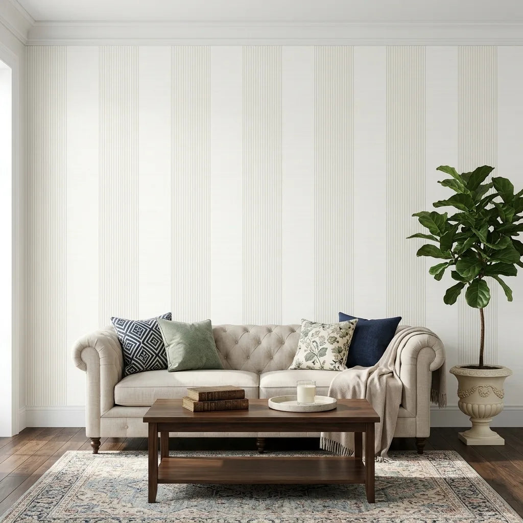 Living Room - Archer Stripe wallpaper in Off-white and Beige by York Wallcoverings creates a stylish, inviting space.