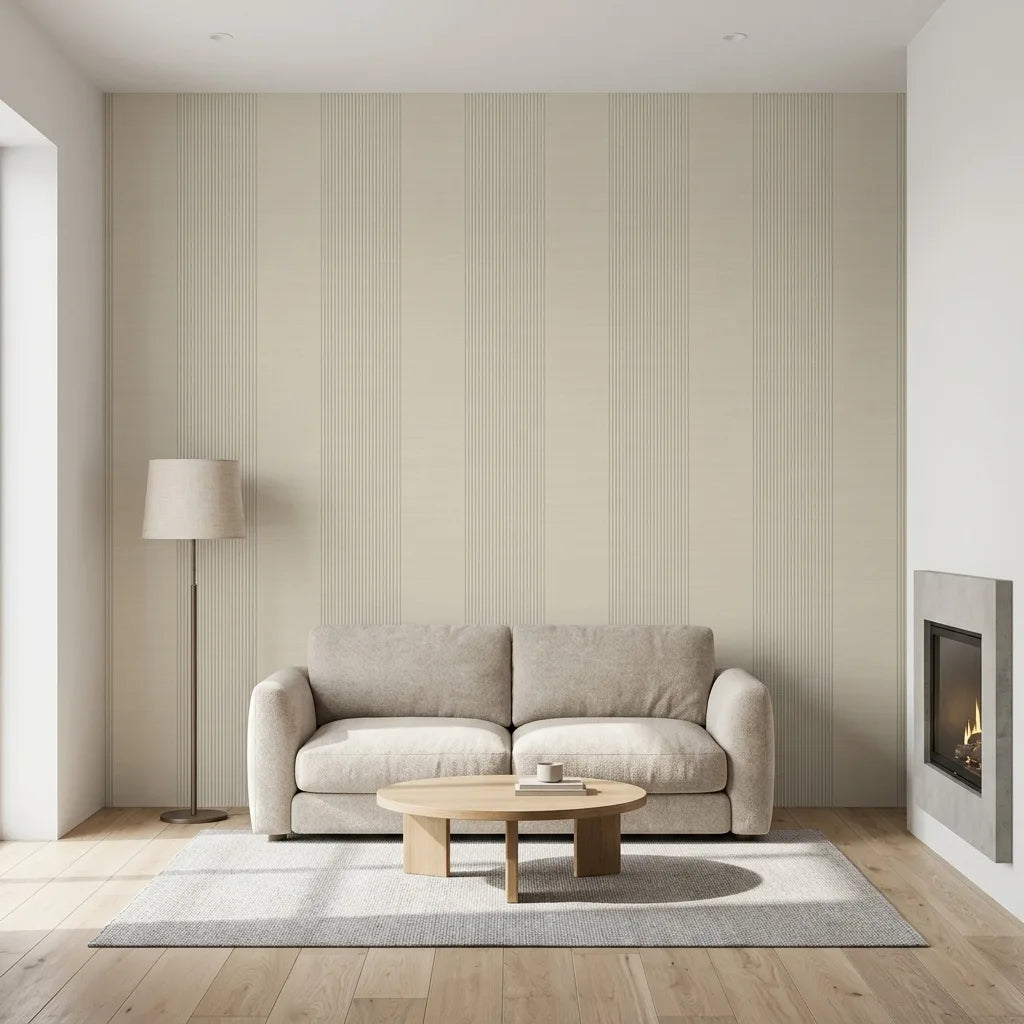 Living Room - Stylish space with York Wallcoverings' Archer Stripe wallpaper in Warm Ivory and Grey.