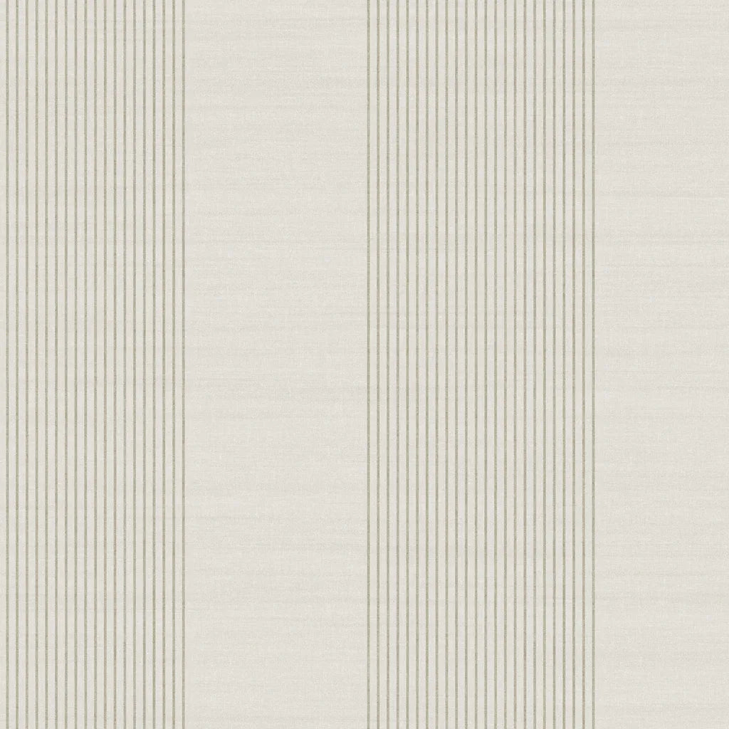 York Wallcoverings Archer Stripe wallpaper pattern swatch in sophisticated Ivory and Greige.
