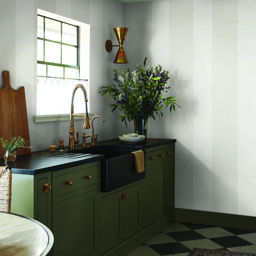 Interior design featuring York Wallcoverings' Archer Stripe wallpaper in elegant Ivory and Greige tones.