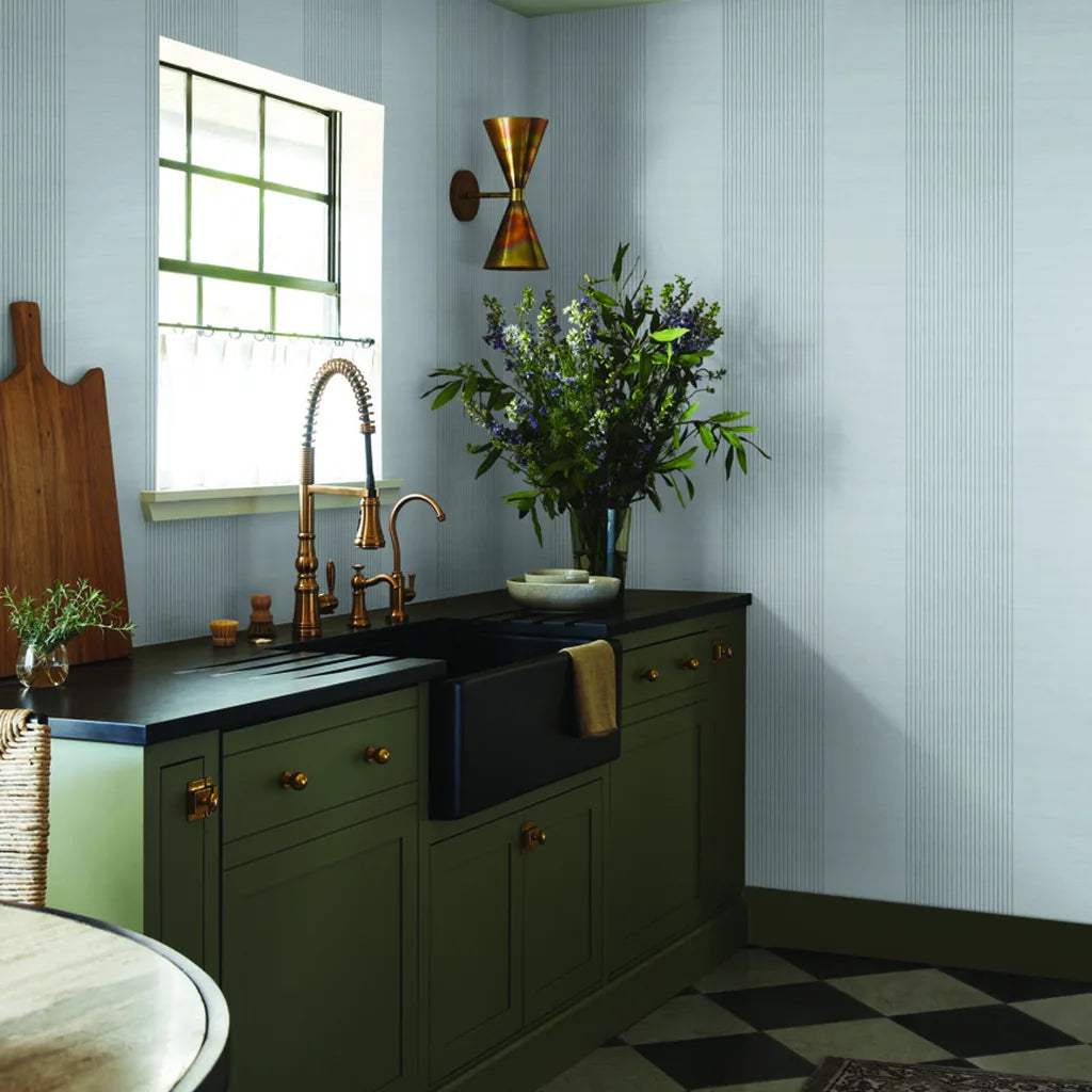 Interior with elegant Archer Stripe wallpaper in Light Blue-Grey by York Wallcoverings, adding a sophisticated touch.