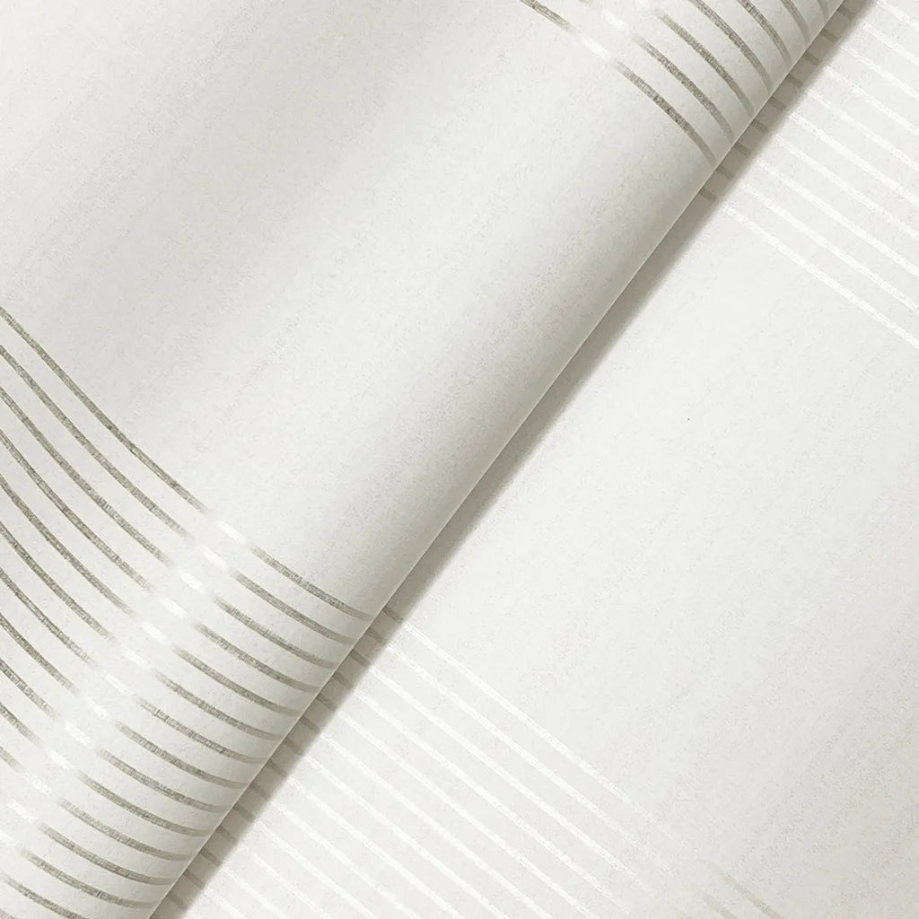 Close-up texture detail of York Wallcoverings' Archer Stripe wallpaper in Off-white and Beige.