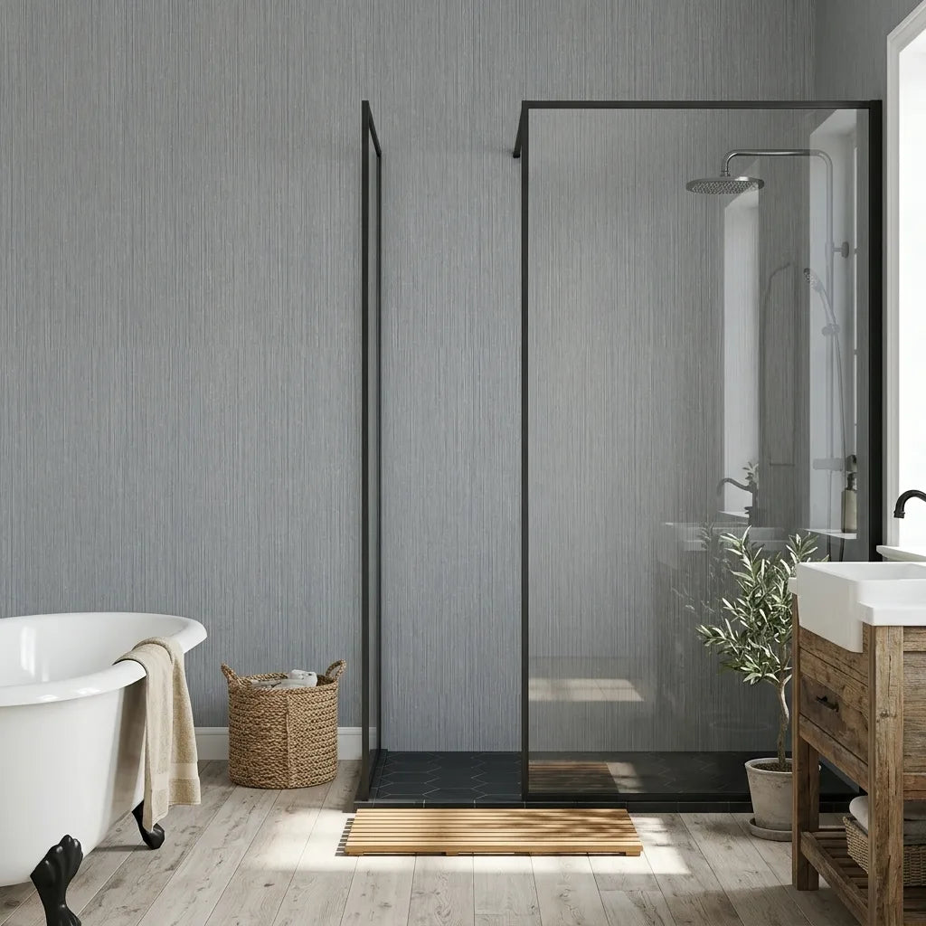 Bathroom - Serene bathroom showcasing Atticus wallpaper in Slate Blue from York Wallcoverings.