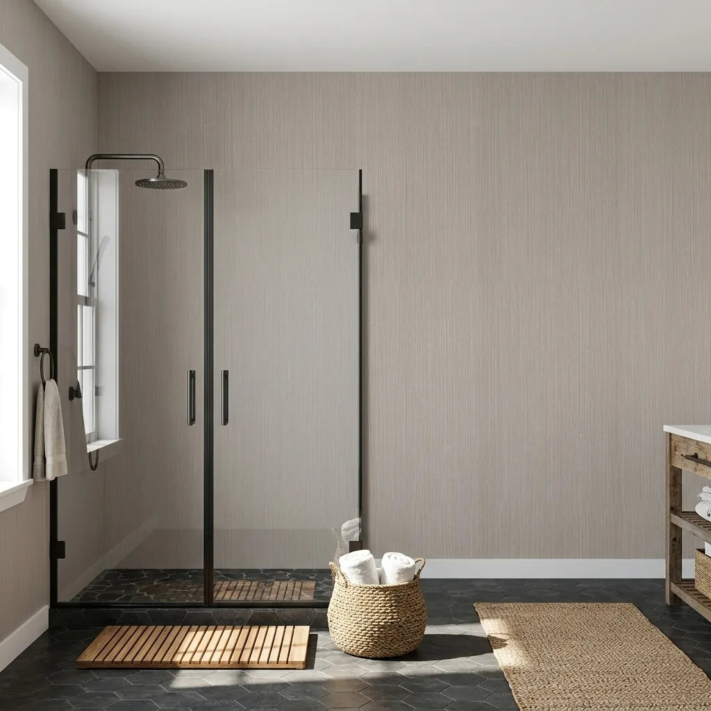Bathroom - Elegant space featuring York Wallcoverings' 'Atticus' wallpaper in Light Taupe, adding sophisticated texture.