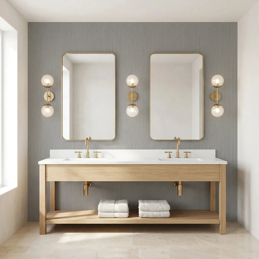 Bathroom - Elegant space showcases Atticus wallpaper in Greige by York Wallcoverings, adding a sophisticated and timeless touch.