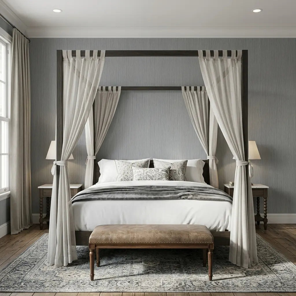 Bedroom - Stylish space with "Atticus" wallpaper in Slate Blue by York Wallcoverings, adding a sophisticated touch to the serene room.