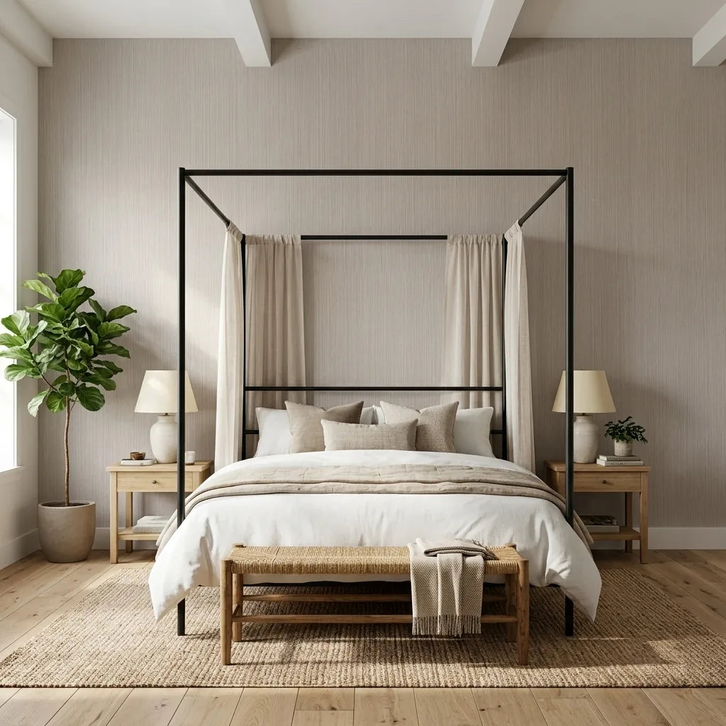 Bedroom - Discover a serene space with Atticus wallpaper in Light Taupe by York Wallcoverings, adding texture and warmth to the walls.