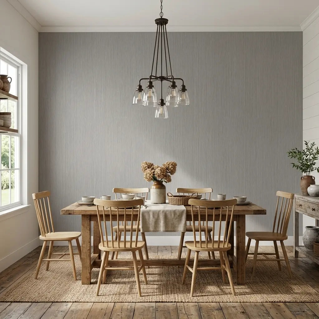 Dining Room - Greige 'Atticus' wallpaper by York Wallcoverings creates a sophisticated, textured backdrop for elegant dining.
