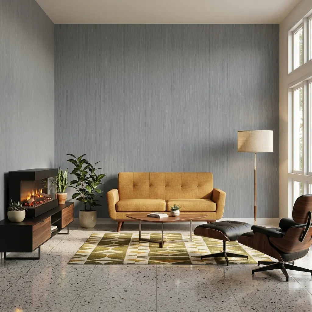 Living Room - Elegant living room featuring 'Atticus' wallpaper in Slate Blue by York Wallcoverings, creating a serene and stylish space.