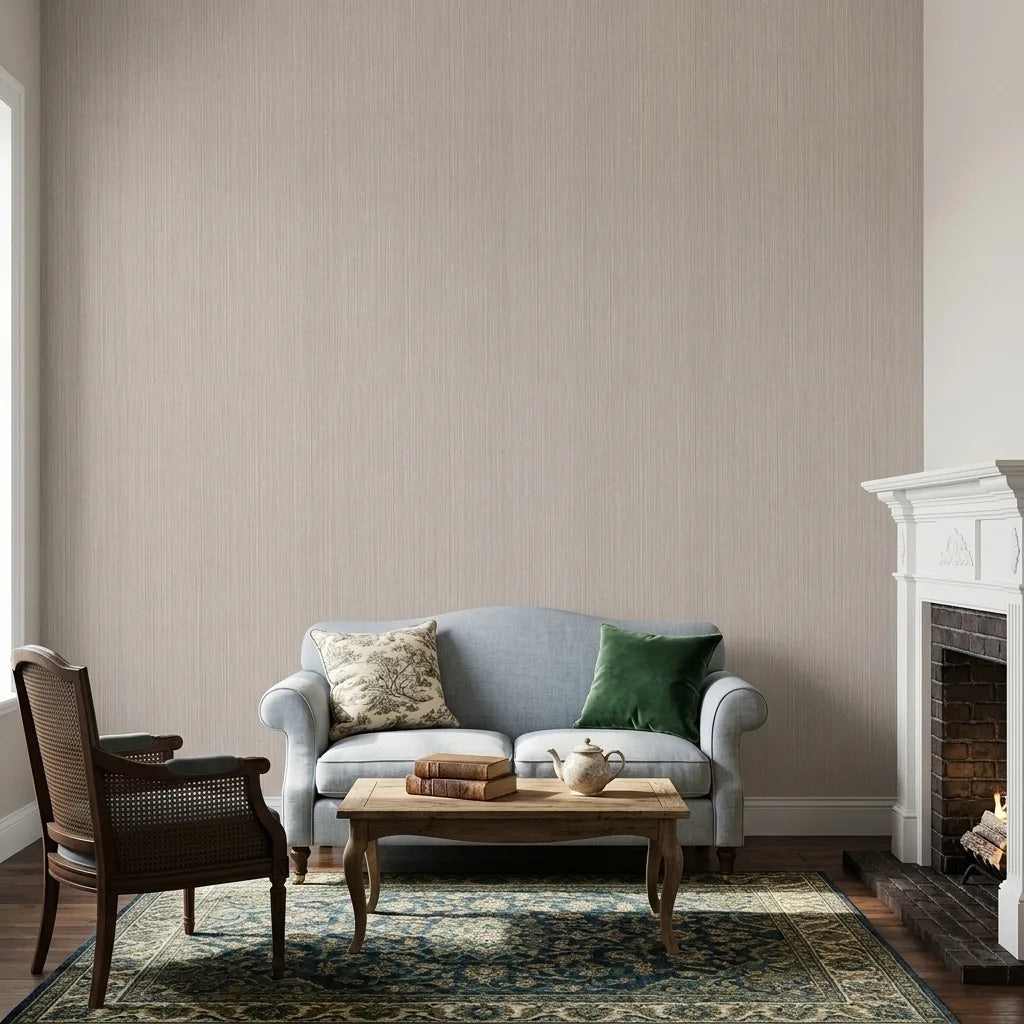 Living Room - Modern living room featuring elegant "Atticus" wallpaper in Light Taupe by York Wallcoverings.