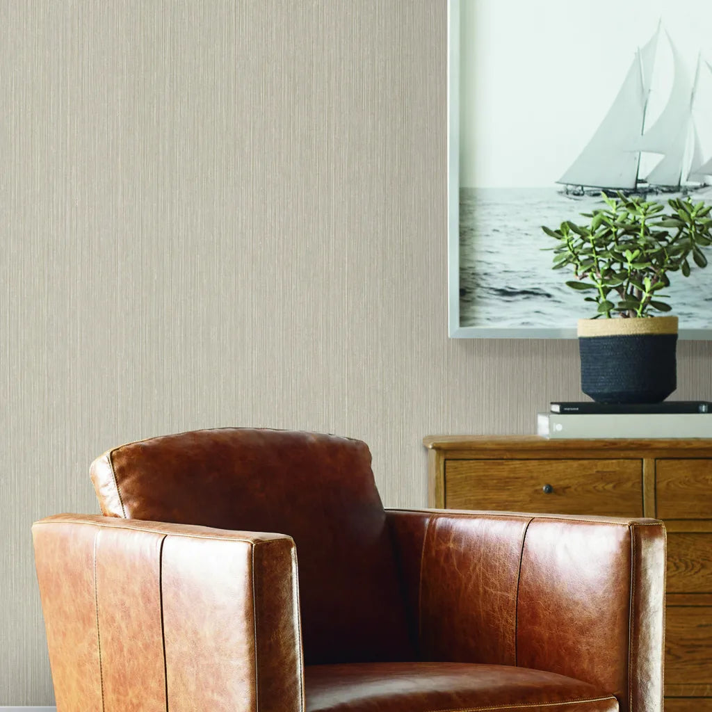 Living room featuring elegant Atticus wallpaper in Light Taupe by York Wallcoverings.