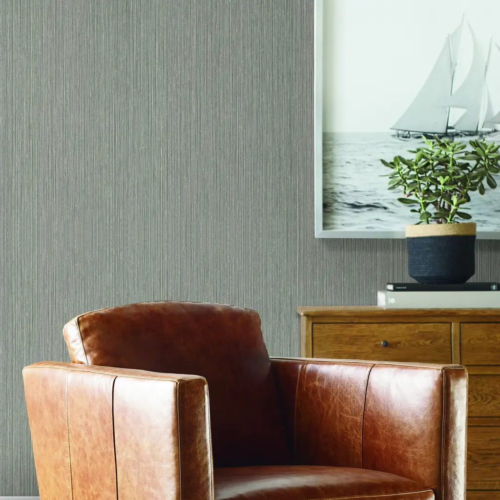 Living room featuring the elegant Atticus Greige wallpaper by York Wallcoverings, creating a sophisticated and inviting space.