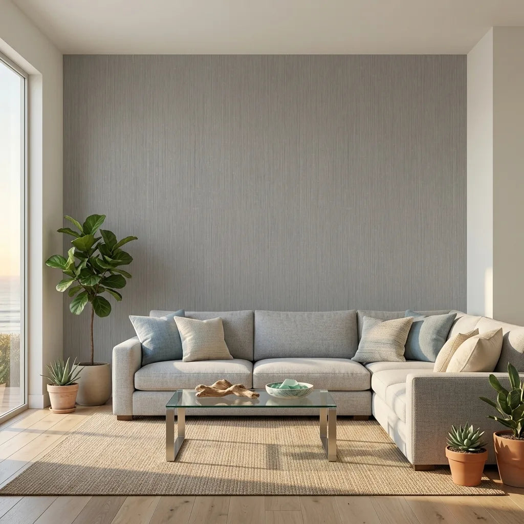 Living Room - Modern living room with 'Atticus' wallpaper in Greige by York Wallcoverings, creating a sophisticated feel.