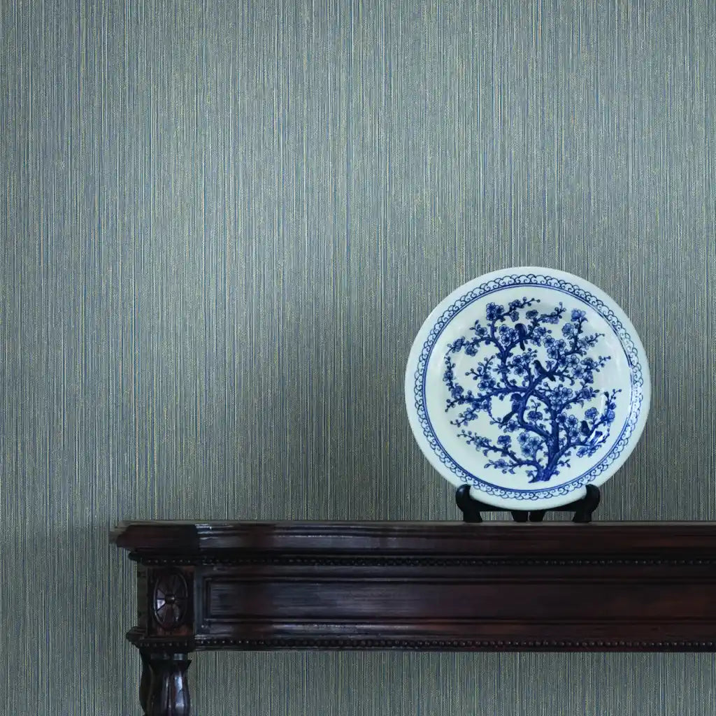 Interior photo showcasing Atticus wallpaper in Slate Blue by York Wallcoverings.