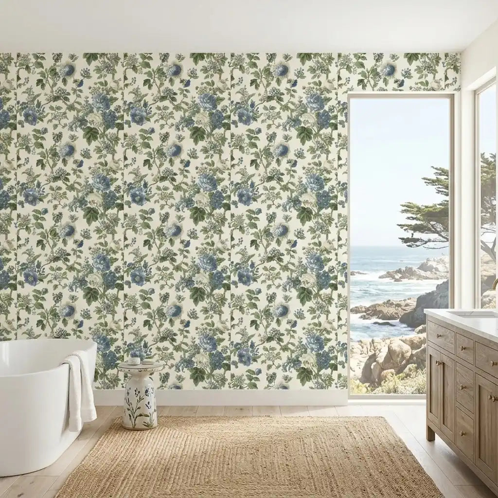 Bathroom - Elegant bathroom featuring Beatrix wallpaper in Blue, Cream, Green by York Wallcoverings.