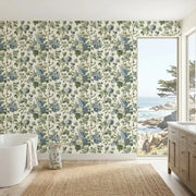 Bathroom - Elegant bathroom featuring Beatrix wallpaper in Blue, Cream, Green by York Wallcoverings.