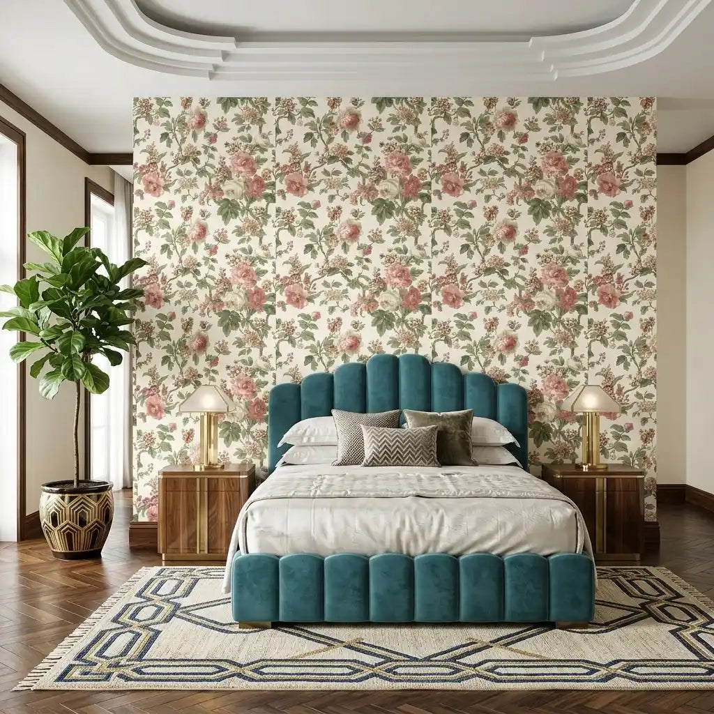 Bedroom - Featuring Beatrix Pink, Cream, Green wallpaper by York Wallcoverings, creating a vibrant and stylish retreat.