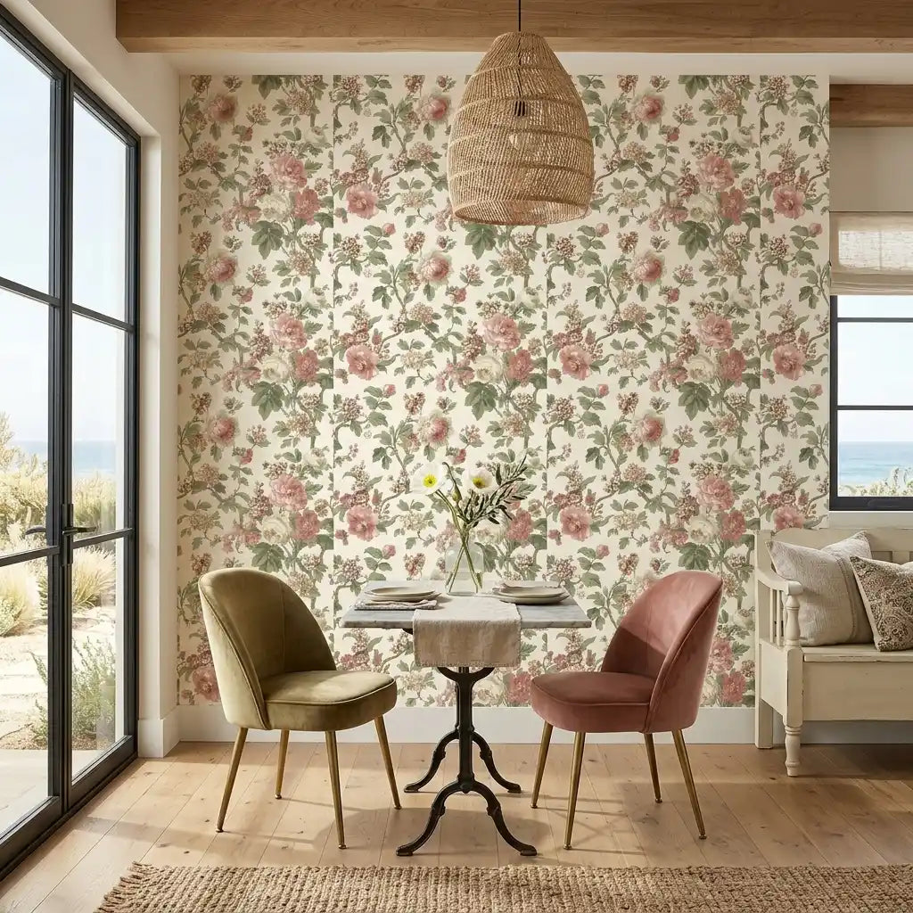Dining Room - Showcasing York Wallcoverings' 'Beatrix' wallpaper in Pink, Cream, and Green for a vibrant look.