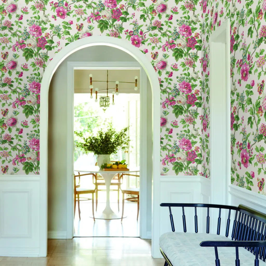 Entryway featuring elegant Beatrix wallpaper by York Wallcoverings, a beautiful blend of Pink, Cream, and Green hues.