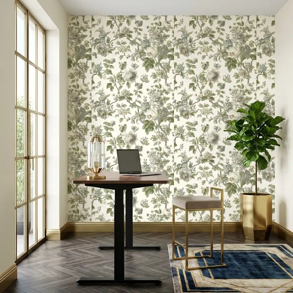Home Office - Beatrix wallpaper by York Wallcoverings in Grey, Green, White creates a modern and stylish workspace.