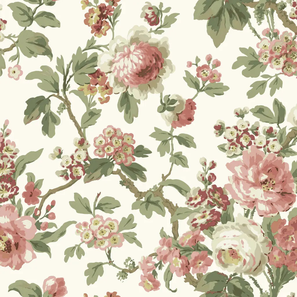 York Wallcoverings 'Beatrix' wallpaper pattern swatch in Pink, Cream, and Green.