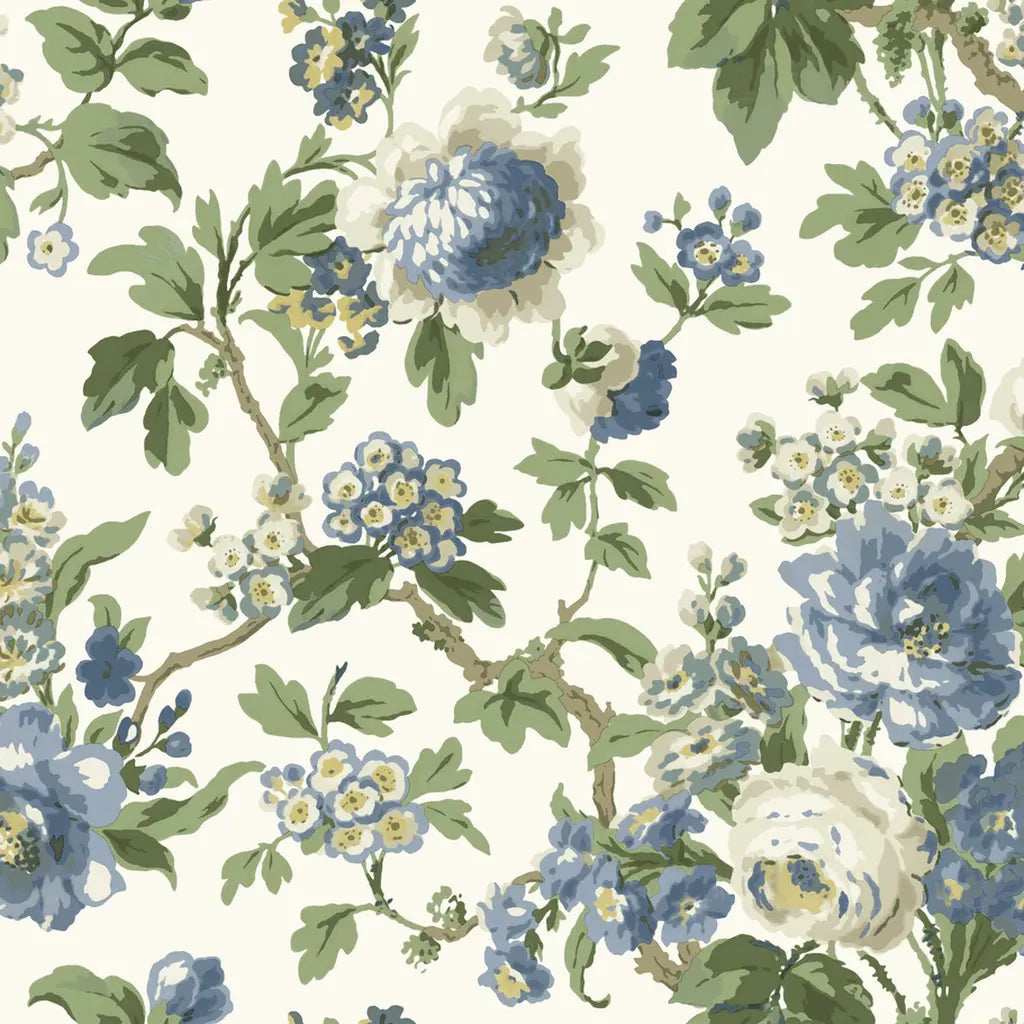 Beatrix wallpaper pattern swatch in blue, cream, and green by York Wallcoverings, SKU VP1352.