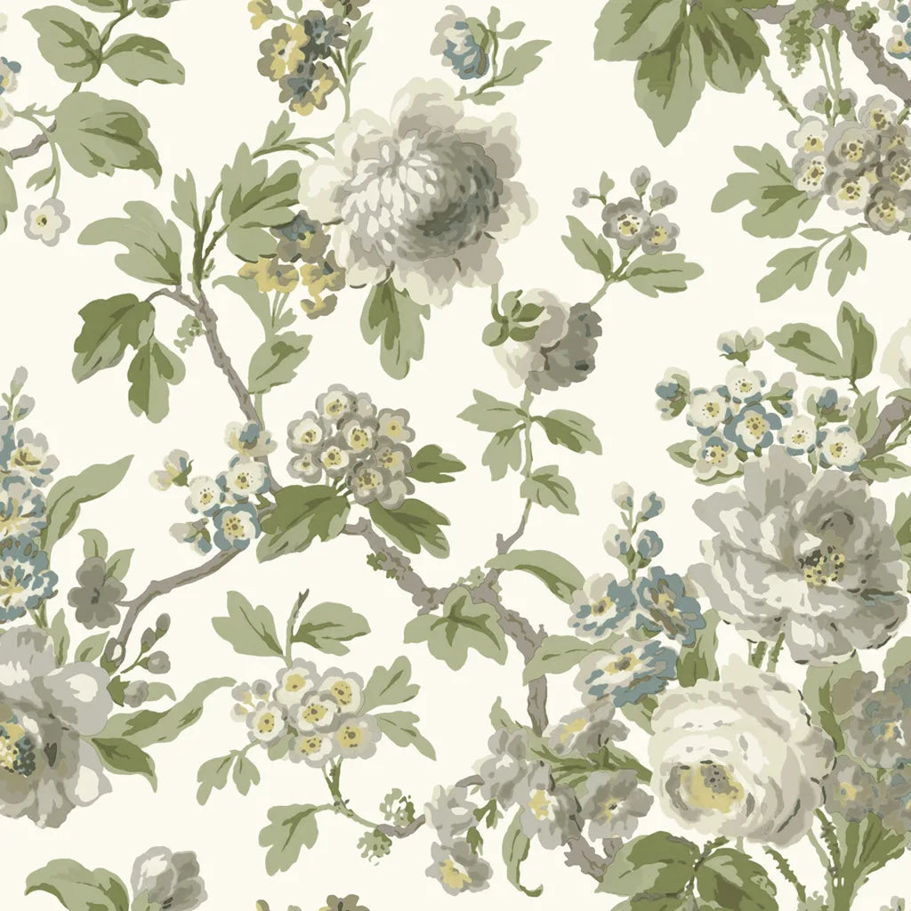 York Wallcoverings Beatrix wallpaper pattern swatch in Grey, Green, and White.