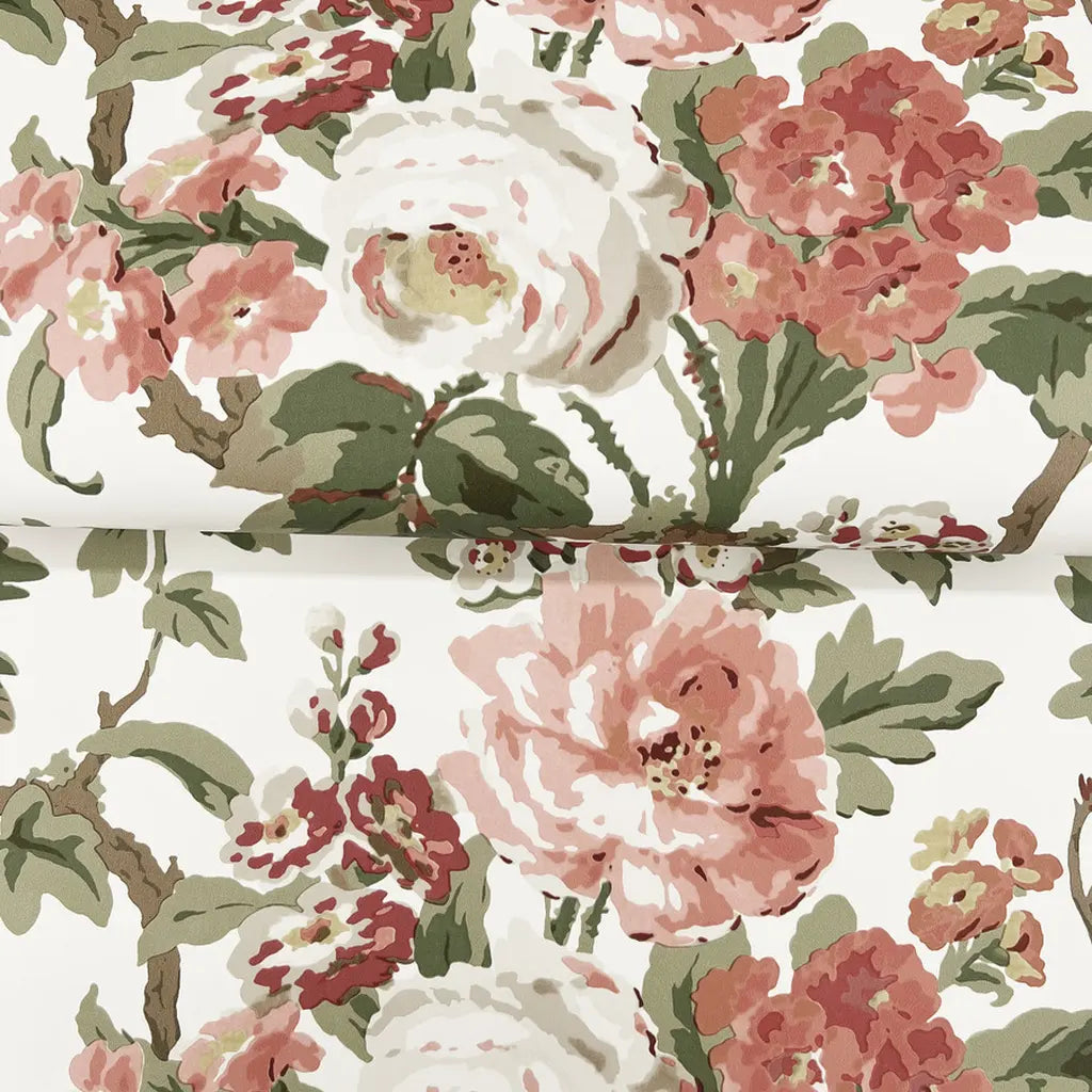 Close-up texture detail of York Wallcoverings' Beatrix wallpaper in delicate Pink, Cream, and Green hues.