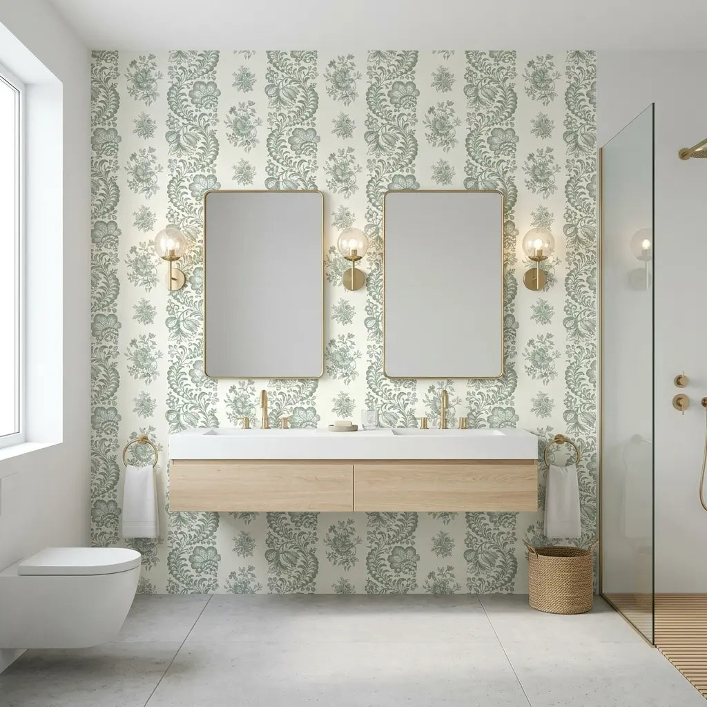 Bathroom - Elegant space showcases Beaumont wallpaper in Green, Cream by York Wallcoverings, creating a serene, stylish aesthetic.