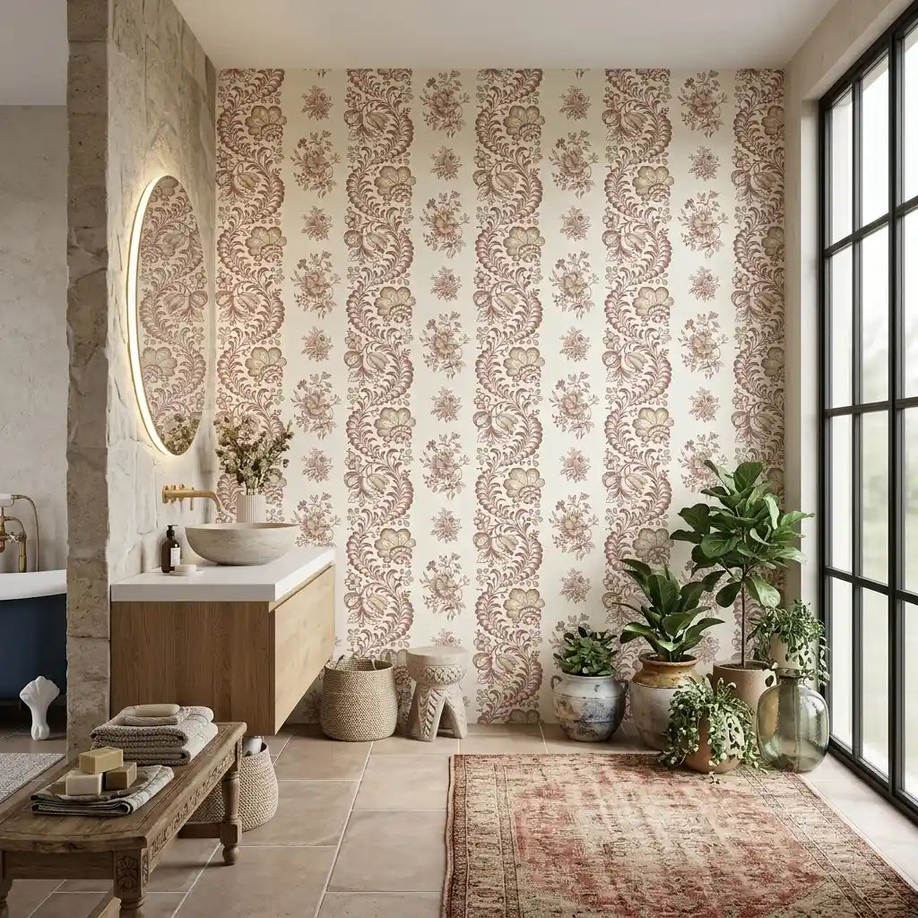 Bathroom - Elegant bathroom featuring 'Beaumont' wallpaper in Red, Cream by York Wallcoverings, adding a classic touch.