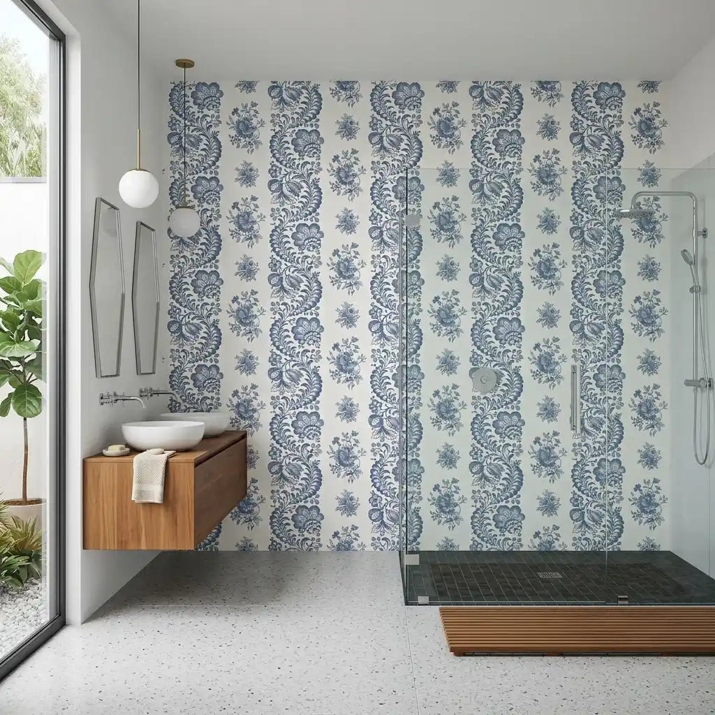 Bathroom - Features 'Beaumont' wallpaper in blue and white by York Wallcoverings, creating a serene and elegant space.
