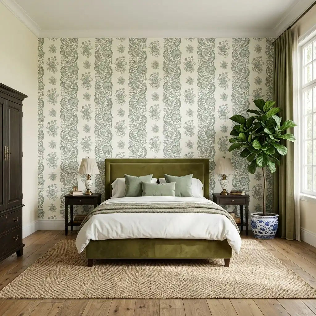 Bedroom - Elegant bedroom showcasing Beaumont wallpaper in green and cream by York Wallcoverings, creating a serene space.