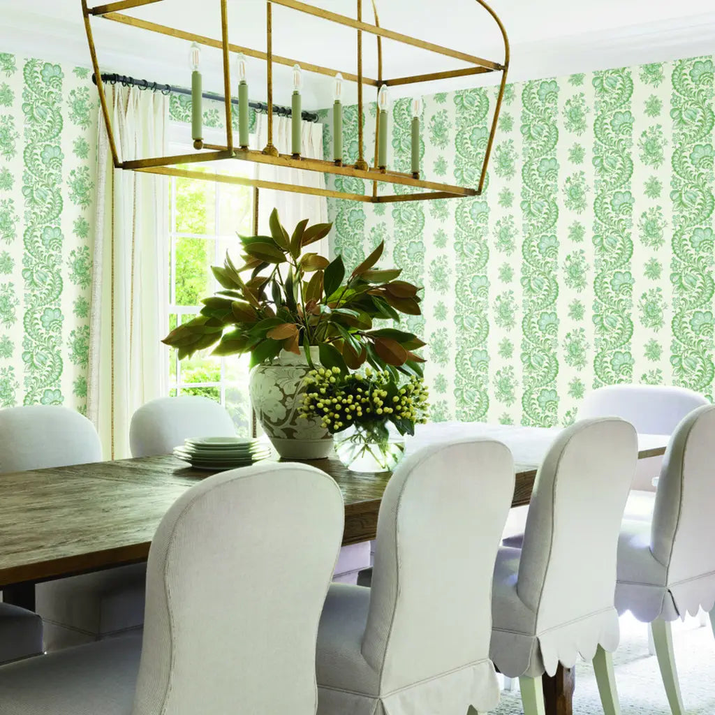 Green and Cream Beaumont wallpaper by York Wallcoverings beautifully adorns this elegant dining room.