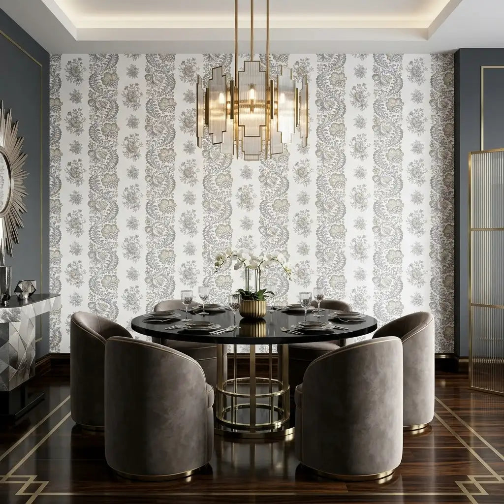 Dining Room - Elegant dining room showcasing 'Beaumont' wallpaper in Grey, Cream by York Wallcoverings, creating a sophisticated space.