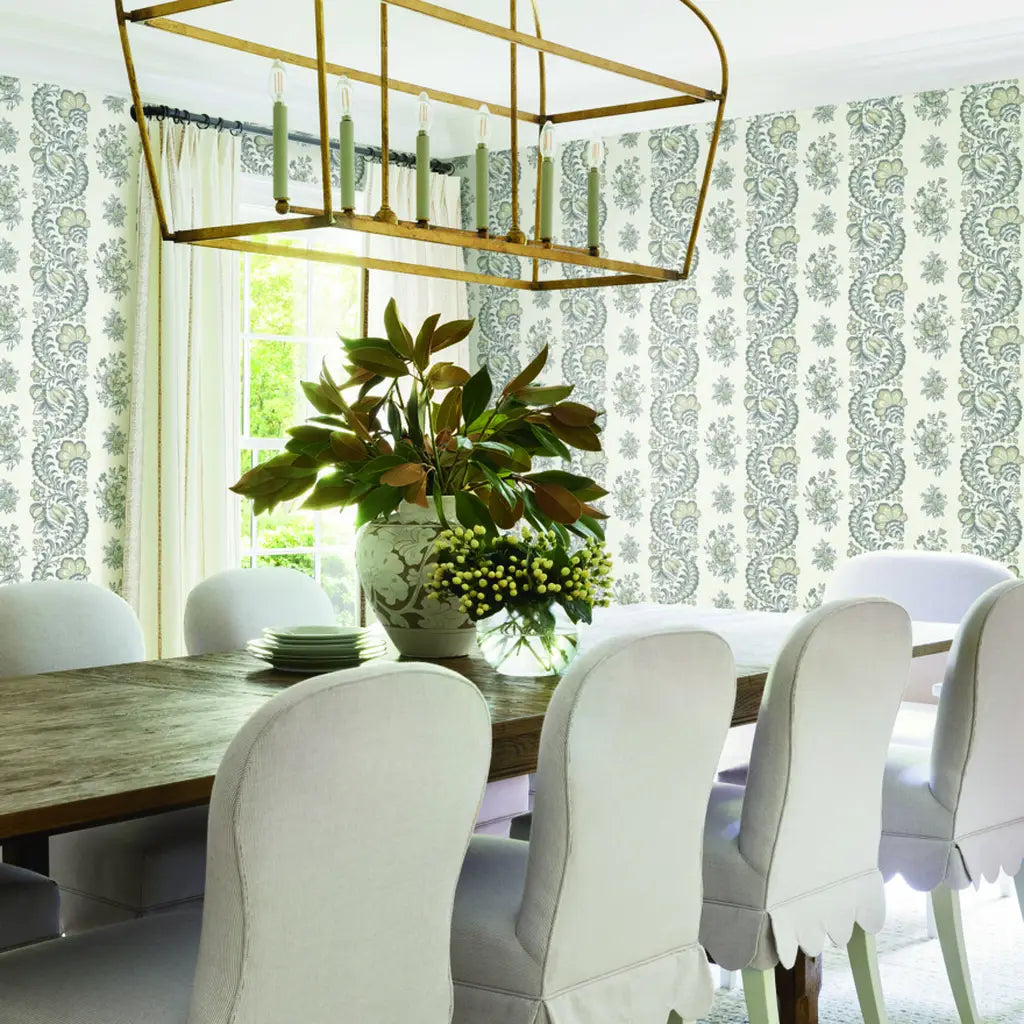 Dining room showcasing elegant Beaumont wallpaper in Grey and Cream by York Wallcoverings, enhancing the sophisticated space.