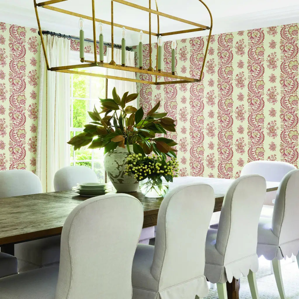 Dining room showcasing York Wallcoverings' Beaumont wallpaper in a striking Red and Cream pattern.
