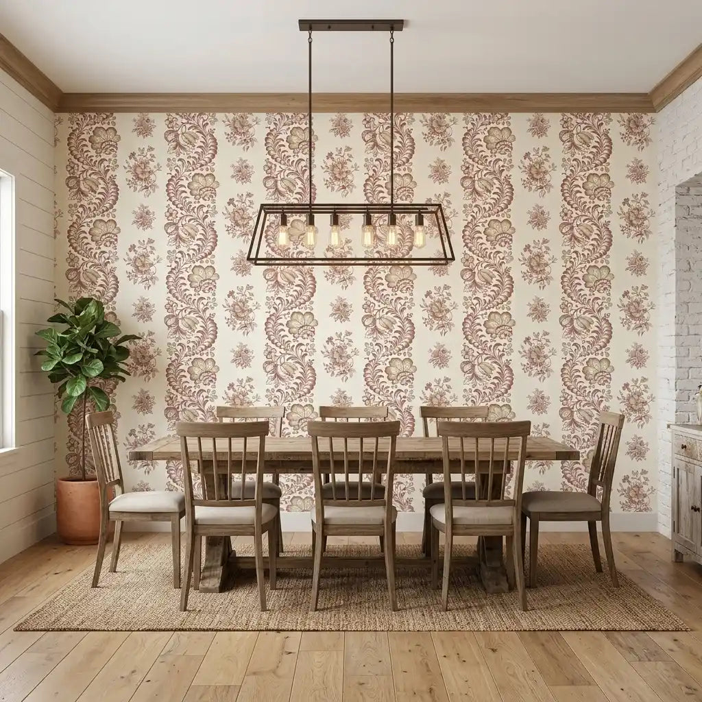 Dining Room - Elegant dining room showcasing Beaumont wallpaper in red & cream by York Wallcoverings, perfect for refined meals.