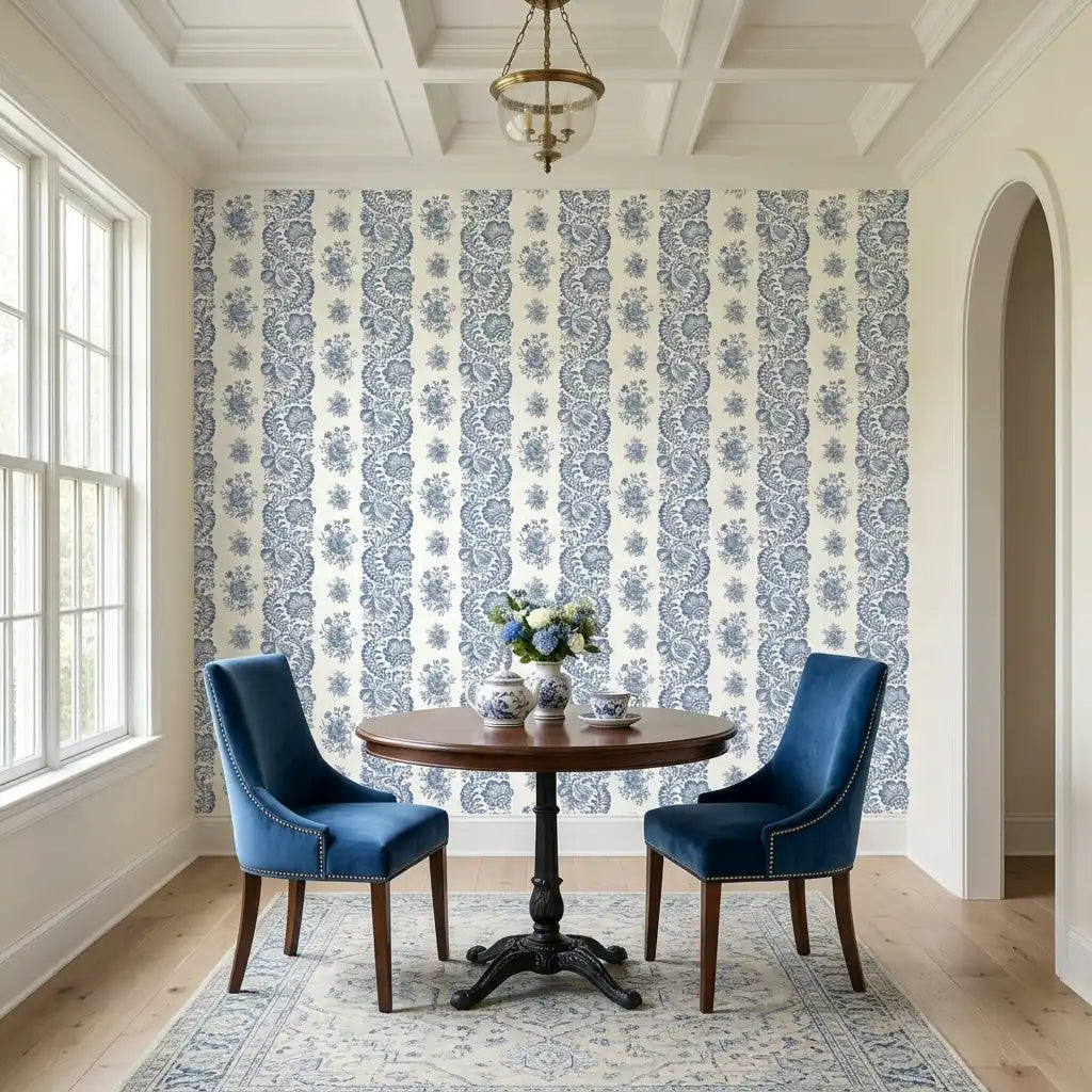 Dining Room - Features Beaumont wallpaper by York Wallcoverings in a classic blue and white pattern, enhancing the elegant space.