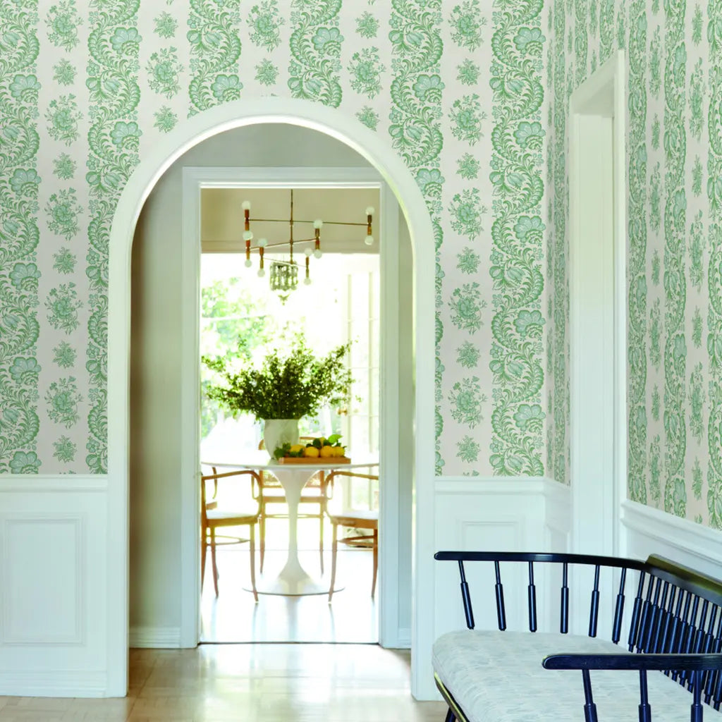 Stylish entryway showcasing Beaumont wallpaper in Green and Cream by York Wallcoverings for a sophisticated welcome.