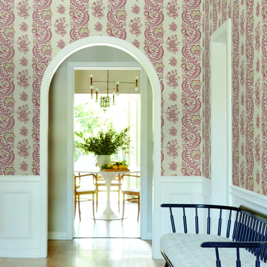 Stylish entryway featuring Beaumont wallpaper in Red and Cream by York Wallcoverings, creating a warm and inviting welcome.