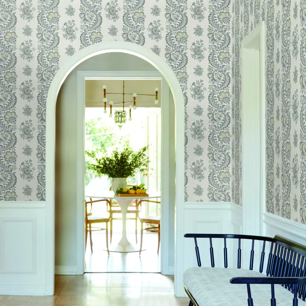 Entryway photo showcasing elegant Beaumont wallpaper in Grey, Cream by York Wallcoverings, enhancing the home's first impression.