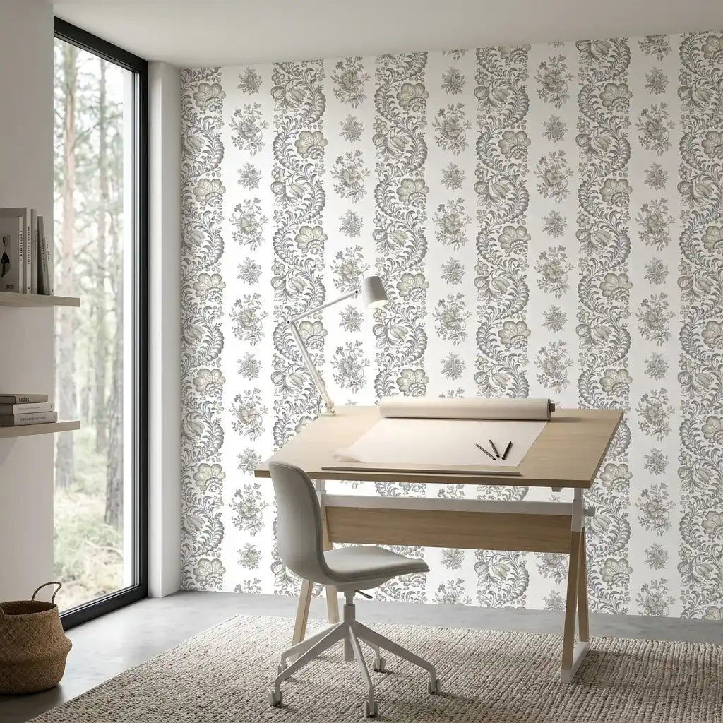 Home Office - Stylish home office featuring Beaumont wallpaper in Grey, Cream by York Wallcoverings, perfect for a serene and productive space.