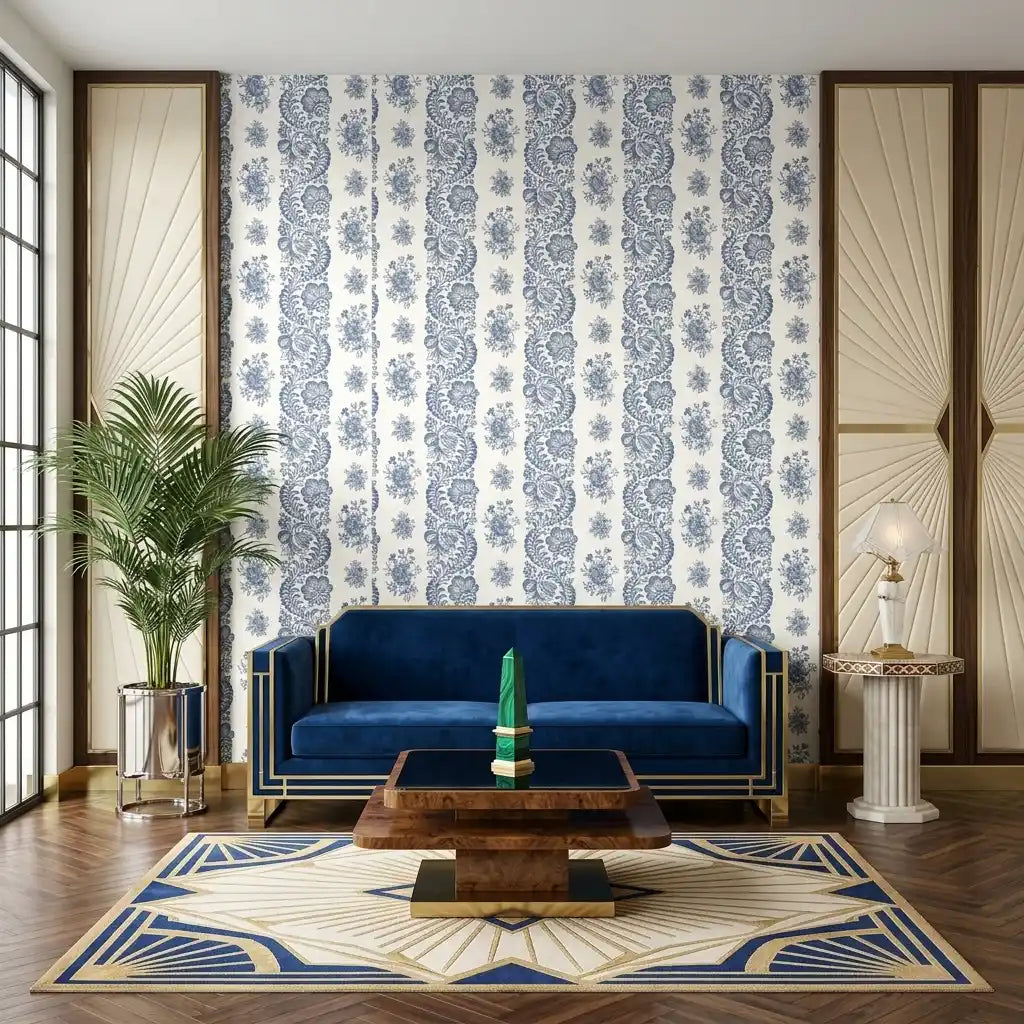 Living Room - Beaumont Blue, White wallpaper by York Wallcoverings creates a serene and stylish atmosphere.