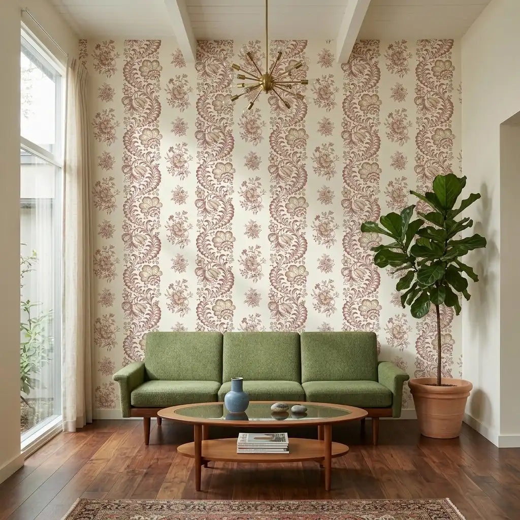 Living Room - Showcases stunning Beaumont wallpaper in Red and Cream by York Wallcoverings, adding classic elegance to the space.