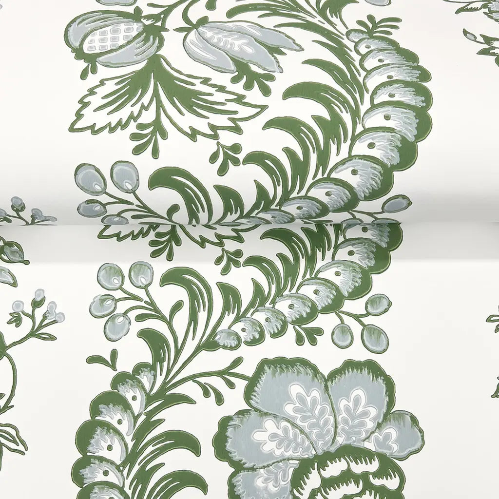 Detailed close-up texture of York Wallcoverings Beaumont wallpaper, highlighting its intricate Green and Cream pattern.