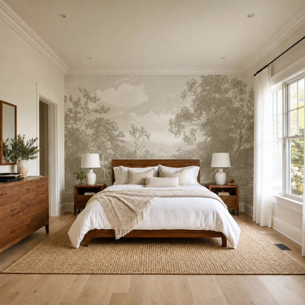 Bedroom - A bright master bedroom features a walnut bed with white linen bedding, matching nightstands with white lamps, jute rug, and a dresser on the left wall. The wall showcases Decor2Go's Tranquil Horizons Scenic Wallpaper Mural, while the floor is light hardwood.