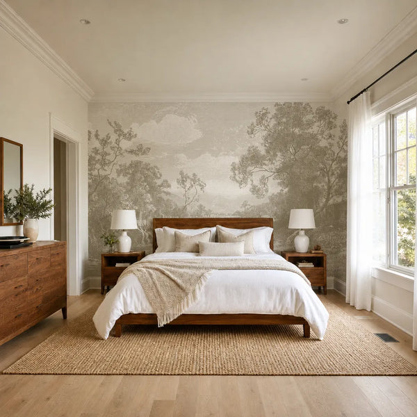 Bedroom - A bright master bedroom features a walnut bed with white linen bedding, matching nightstands with white lamps, jute rug, and a dresser on the left wall. The wall showcases Decor2Go's Tranquil Horizons Scenic Wallpaper Mural, while the floor is light hardwood.