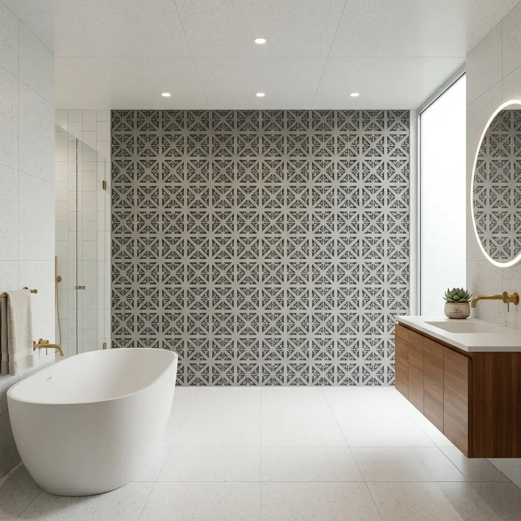 Bathroom - Brioni wallpaper in White, Grey by York Wallcoverings adds elegant style to this modern bathroom.