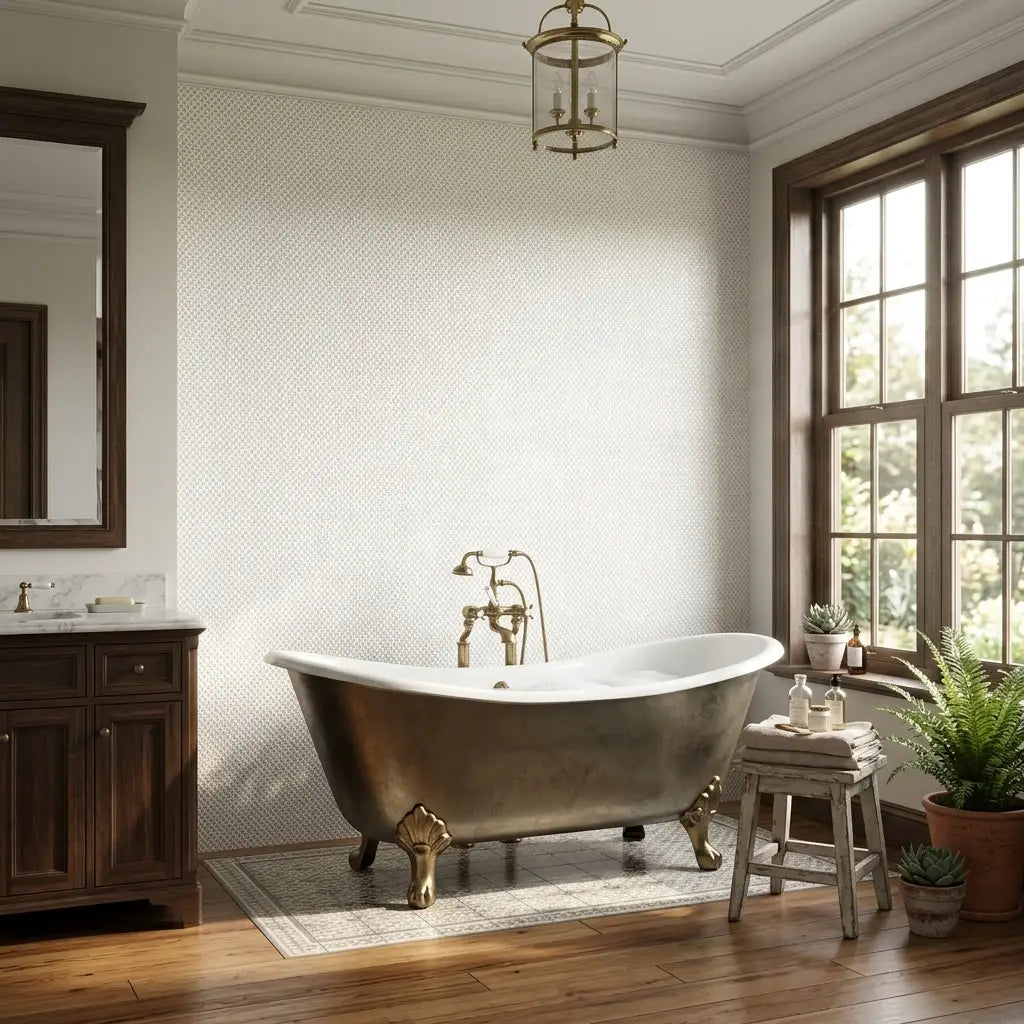 Bathroom - Elegant bathroom showcasing Brioni wallpaper in White, Beige by York Wallcoverings, adding sophisticated style.