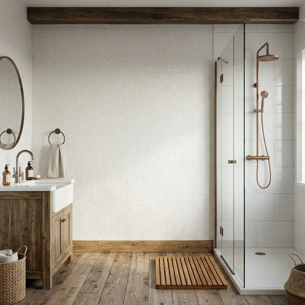 Bathroom - Elegant bathroom with Brioni wallpaper in white and cream by York Wallcoverings, creating a luxurious and serene space.
